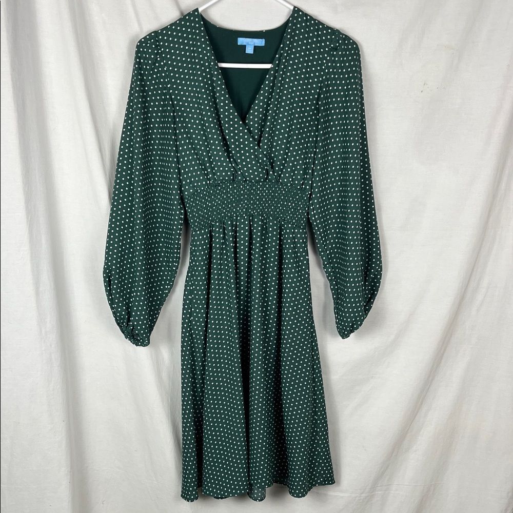 Draper James Green Polka Dot V Neck Long Sleeve Midi Dress